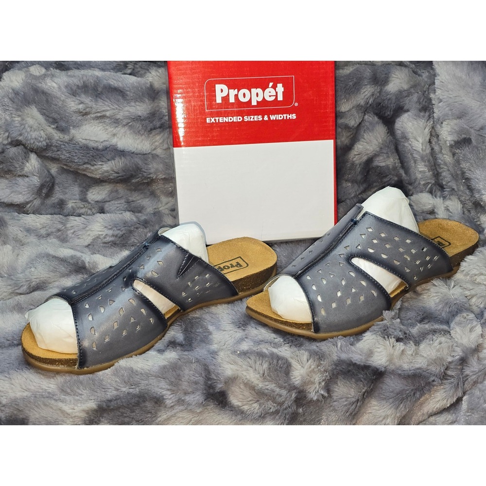 NWB Propet Fionna Blue Leather Perforated Wedge Slides Sandals SZ‎ 8 Wide
